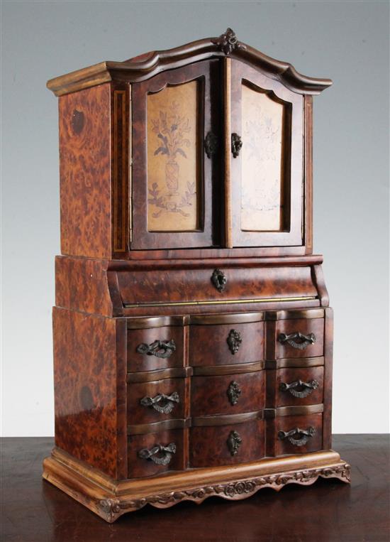 A model of a 19th century Swiss marquetry inlaid birds eye walnut secretaire cabinet, H.14.5in